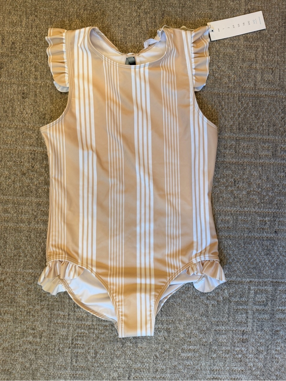 Ruffle Shoulder One-Piece Swimsuit in Beige Stripe